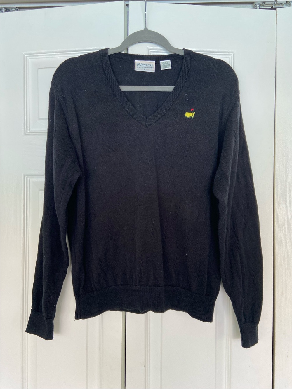 Masters Black Crewneck Sweater with Green & Gold Logo Tag